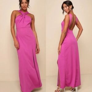 Lulus Glorious Perfection Magenta Purple Cross-Front Column Maxi Dress L Party